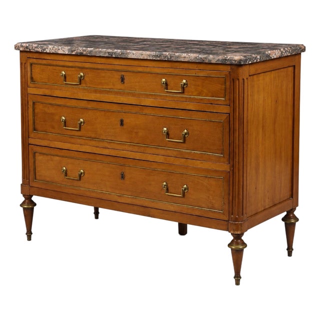 19th-C. French Louis XVI Neoclassical Style Fruitwood Marble Top Chest Commode For Sale