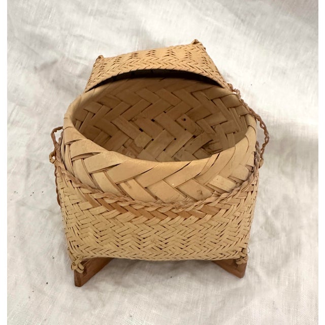Boho Chic Thai Wovan Bamboo Mini Rice Basket For Sale - Image 3 of 6