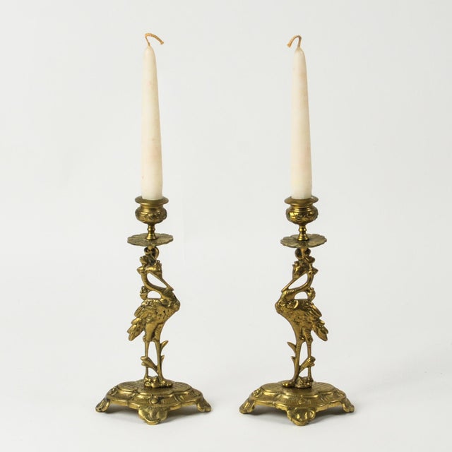 Metal Art Nouveau Style Vintage Brass Crane Candlestick Pair For Sale - Image 7 of 12
