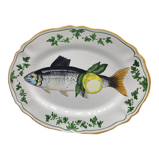 Vintage MCM Deruta Ceramic Majolica Trout Fish Lemon Oval Platter For Sale