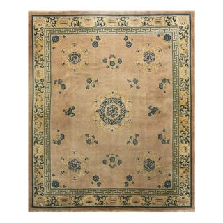 1900s Peach Field Classic Greek Key Antique Chinese Peking Rug 10'10" X 12'9" For Sale