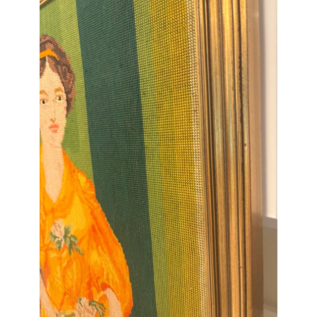 Mid 20th Century Vintage Framed Needlepoint Portrait of Woman in Golden Dress For Sale - Image 5 of 12