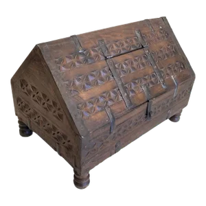Early 20th Century Rustic Indian Hand-Carved Wood Money Box
