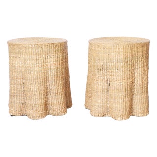 Pair of Round Ghost Drapery Woven Reed Stands For Sale