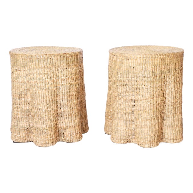 Pair of Round Ghost Drapery Woven Reed Stands For Sale