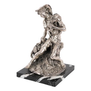 Antique Italian Silvered Bronze Sculpture of Shepherd and Lamb, 1800s For Sale
