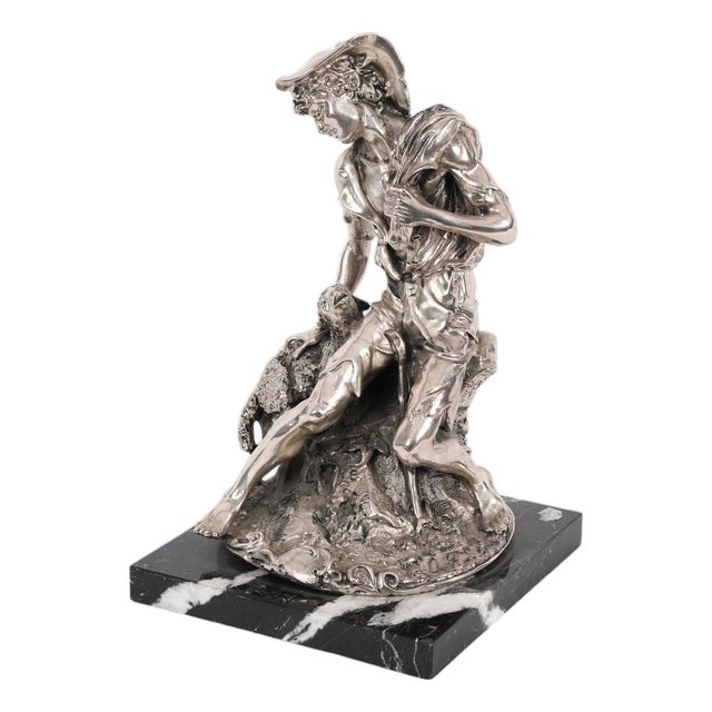 Antique Italian Silvered Bronze Sculpture of Shepherd and Lamb, 1800s For Sale