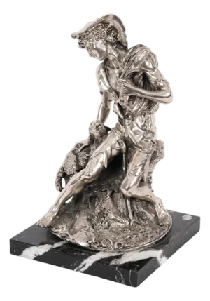 Antique Italian Silvered Bronze Sculpture of Shepherd and Lamb, 1800s