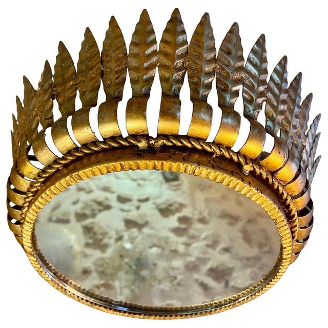Large Spanish Crown Sunburst Fixture in Gilt Metal and Frosted Glass, 1950 For Sale - Image 10 of 10