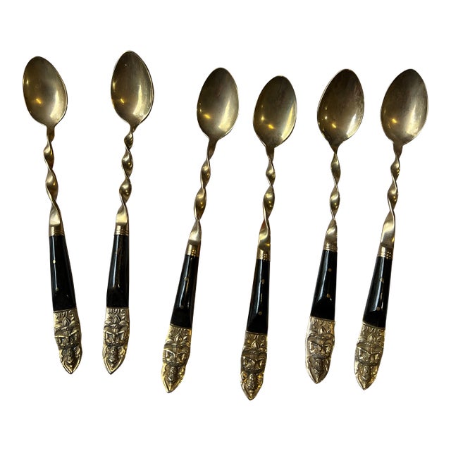 1990s Thai Brass and Wooden Spoons- Set of 6 For Sale