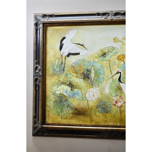 1990s Vintage Large Heron Birds and Floral Oil Painting in Ornate Black/Gold Frame For Sale - Image 5 of 10