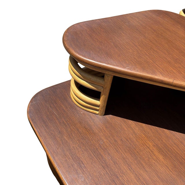 1950s Mid-Century Two-Tier Stacked Rattan & Mahogany Costal Side & Corner Table Set of 3 For Sale - Image 9 of 10