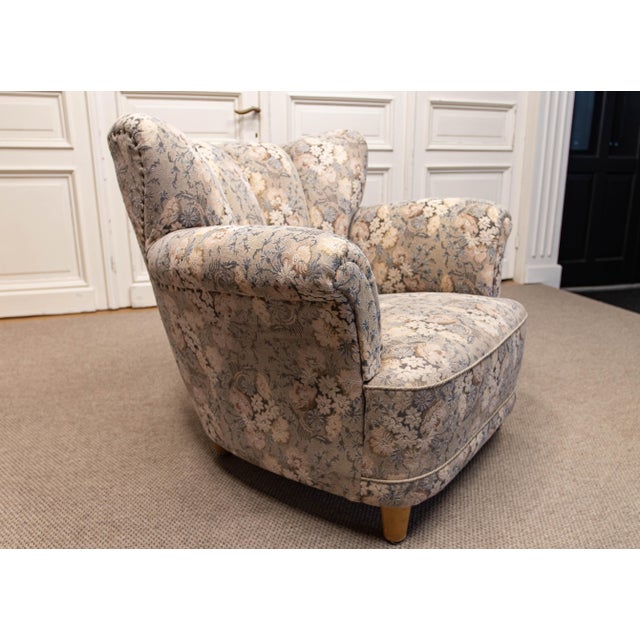 Vintage Danish Wingback Chair with Jacquard Fabric, 1940s For Sale - Image 6 of 13