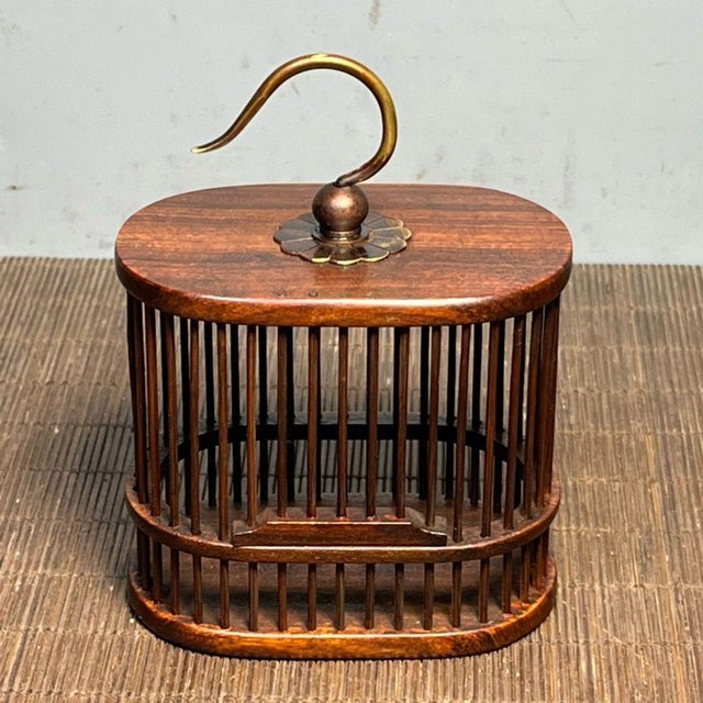 1980s Vintage Rosewood Cricket Cage | Small Oval Hanging Box | Asian Chinoiserie Decor For Sale - Image 5 of 9