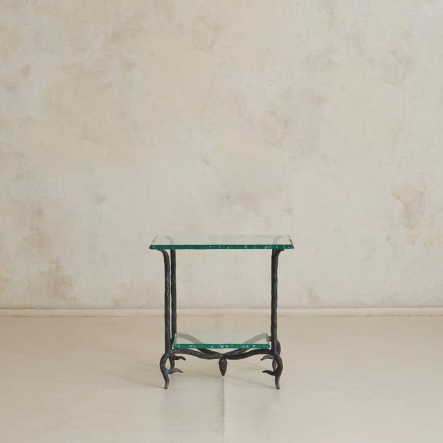 1960s French Two-Tier Iron + Chiseled Glass Side Table, 1960s For Sale - Image 5 of 11