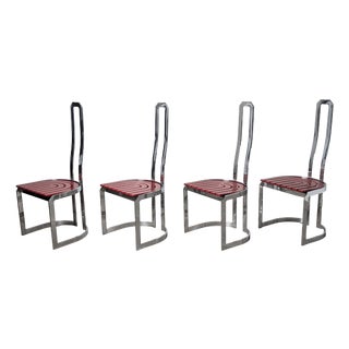 Postmodern Chairs in Chrome Steel and Red Wood, 1980s, Set of 4 For Sale