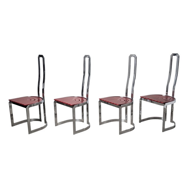 Postmodern Chairs in Chrome Steel and Red Wood, 1980s, Set of 4 For Sale