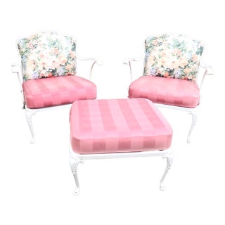 Mid Century Cast Aluminum Outdoor Lounge Chairs & Ottoman - 3 Piece Set For Sale