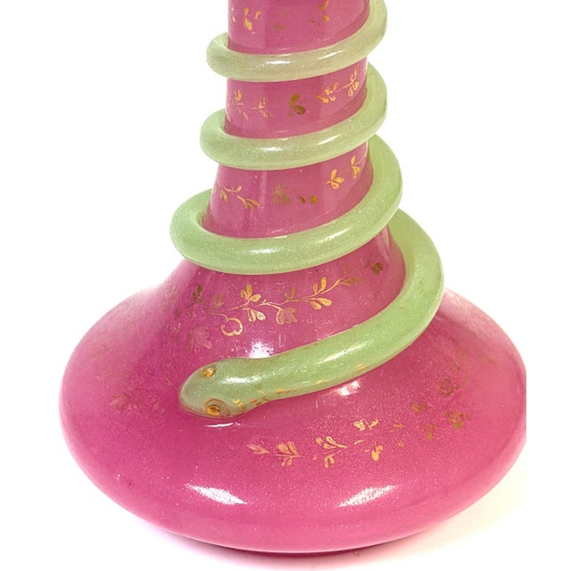 19th Century Pair French Pink Opaline Perfume Bottles with Green Serpents Attrib. Baccarat For Sale - Image 5 of 13