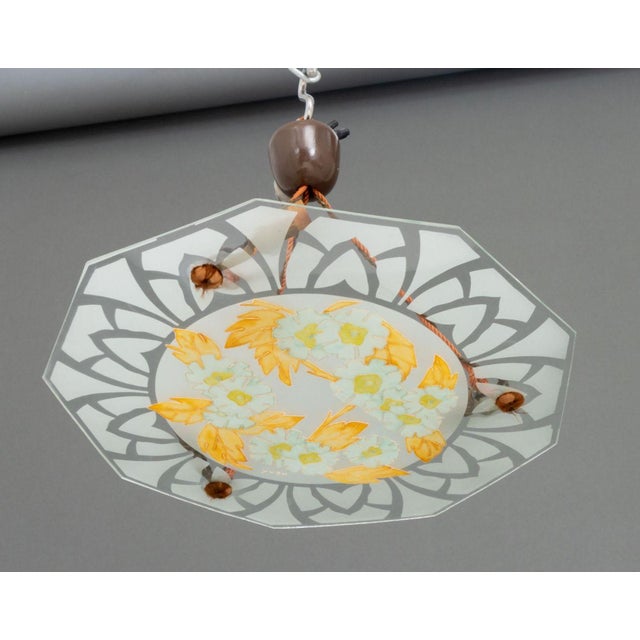 Glass Late 20th Century Signed French Art Deco Painted Glass Plafonnier For Sale - Image 7 of 9