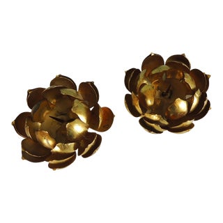 Mid-Century Modern Brass Lotus Flowers Candle Holders - A Pair For Sale