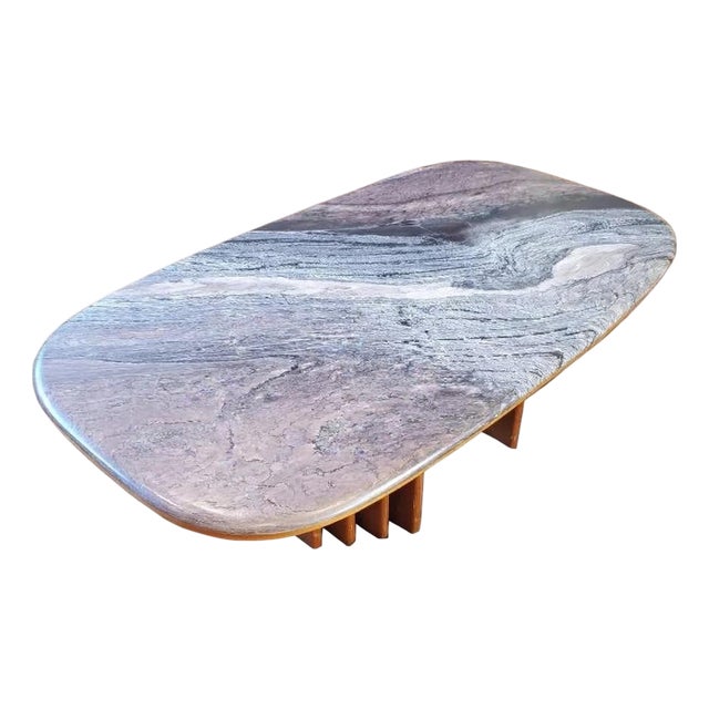 Vintage 1960s Swedish Mid-Century Modern Marble and Teak Coffee Table by Bendixen – Oval Swirl Marble Top With Sculptural Fluted Pedestals For Sale