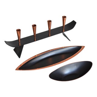 Swedish Copper Candlestick and Bowls by Gunnar Ander for Ystad Metall, 1960s, Set of 3 For Sale