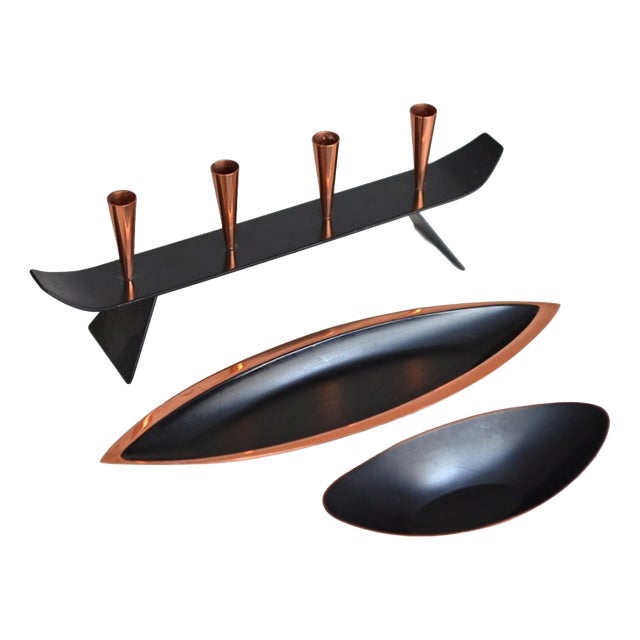Swedish Copper Candlestick and Bowls by Gunnar Ander for Ystad Metall, 1960s, Set of 3 For Sale