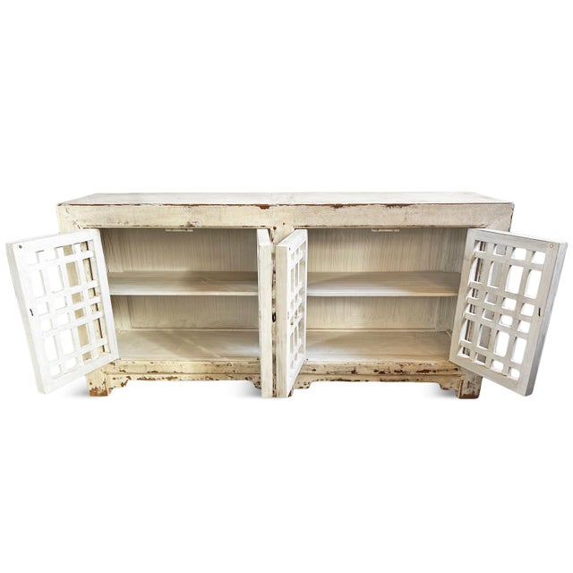 Rustic Vintage Worn White Lattice Door Sideboard Credenza For Sale - Image 3 of 8