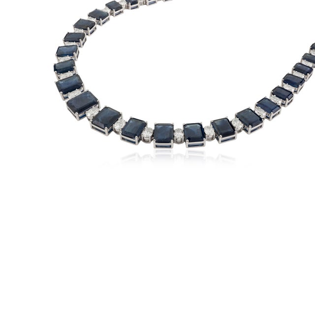 Contemporary VRJewels 47.64Ct Blue Sapphire & 6.19Ct Diamond Tennis Necklace in 18k White Gold For Sale - Image 3 of 14