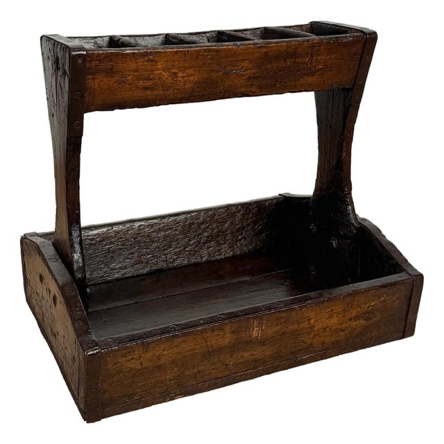 Antique Primitive Wood Iron Strapped Machinist Tool Chest Caddy For Sale