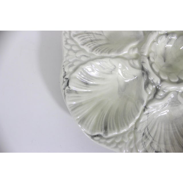 Vintage Oyster Plate Handmade Ceramic Marbled White and Black Glaze Holds Six Plus Sauce For Sale - Image 4 of 6