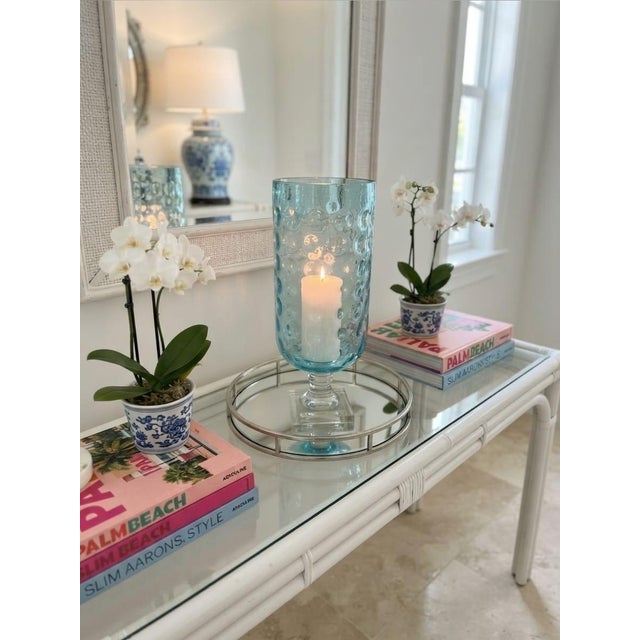 Vintage Light Aqua Hobnail Glass Hurricane Lantern on Clear Pedestal Base For Sale - Image 4 of 12