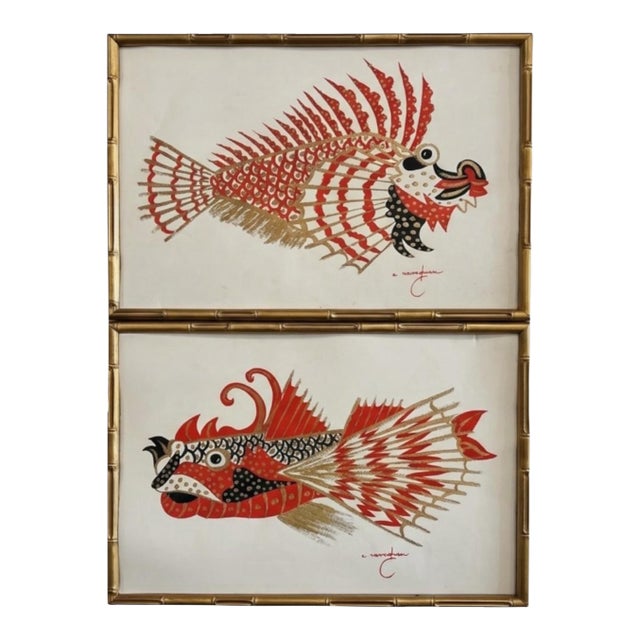 Mid-Century Venetian Modern Faux Bamboo Framed Paintings Antonio Ravagnan Fish -S/2 For Sale
