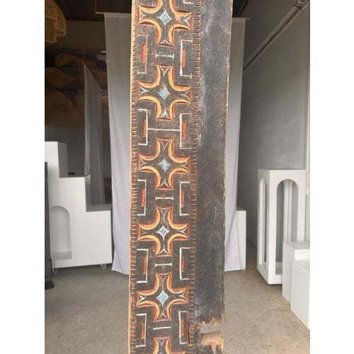 Indonesian Construction Element in Carved Wood with Red, Blue and Yellow Geometric Frieze Mounted on a Base For Sale - Image 6 of 18