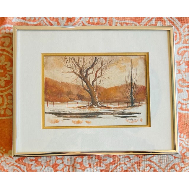 Mid century modern landscape watercolor painting. Signed to the lower right corner. In original silver frame. Image...