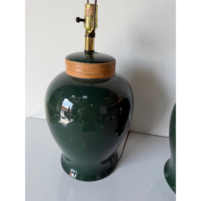 1980’s Vintage Green Glazed Ceramic and Rattan Table Lamps – A Pair For Sale - Image 10 of 12