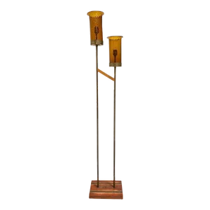 Asymmetric Mid-Century Brass Torchiere Floor Lamp With Wood Base Smoked Swirl Glass Shades
