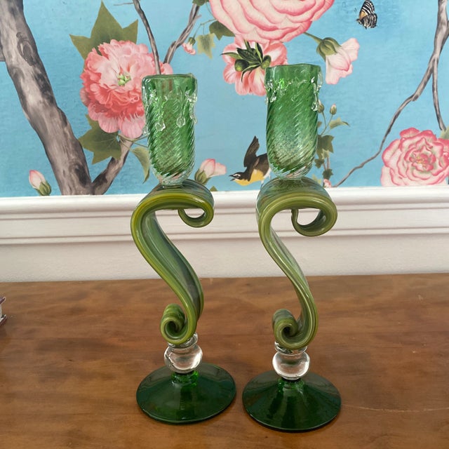 Italian Late 20th Century Essie Zareh Green Blown Glass Candlesticks- a Pair For Sale - Image 3 of 11