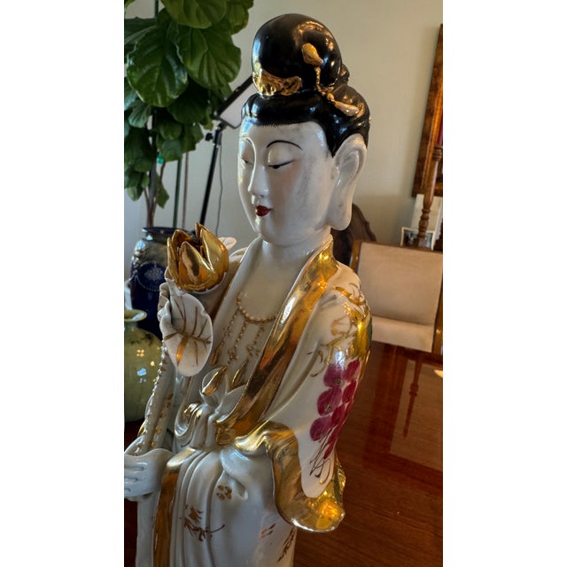 Vintage Porcelain Guanyin Statues - Quan Yin Gold Gilt L 18" Pair C1915 Rare For Sale In San Diego - Image 6 of 18