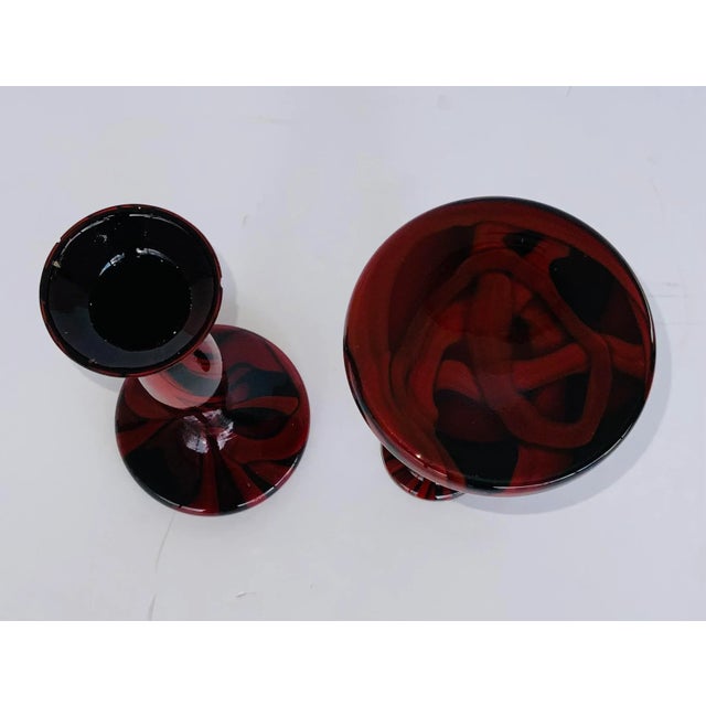 Vintage 1930’s Czech Kralik Red an Black Swirl Art Glass Candlesticks Pair For Sale - Image 4 of 5