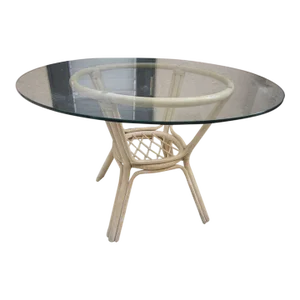 1980s Bamboo Rattan Round Table Base With Glass Top Tropical Style