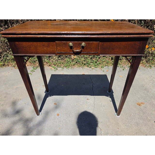 Late 19th Century Antique English Oak Fold Over Writing Game Table Desk Drawer Edwardian c.1900 For Sale - Image 5 of 10