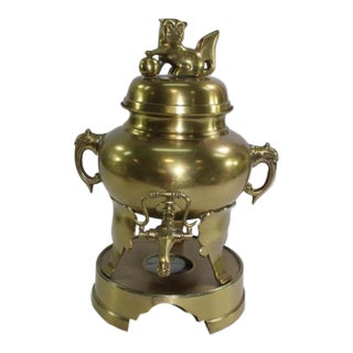 Vintage Asian Brass Censer Converted Into Hot Water Pot With Foo Dog Finial For Sale