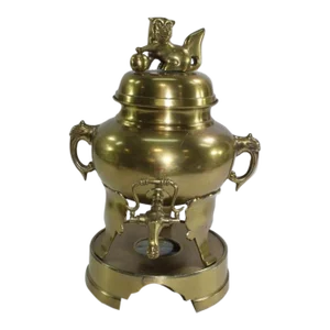 Vintage Asian Brass Censer Converted Into Hot Water Pot With Foo Dog Finial