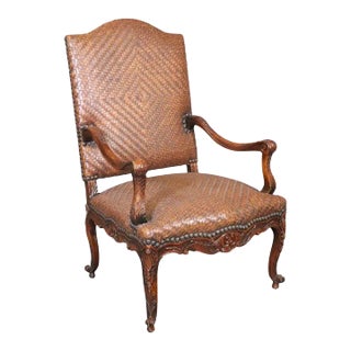 Early 21st Century Theodore Alexander French Louis XV Style Mahogany & Woven Leather Upholstered Armchair For Sale