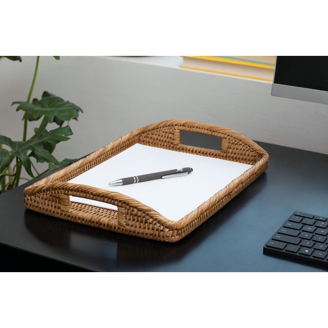 Brown Artifacts Rattan Rectangular Serving Tray with High Handles in Honey Brown - 14" For Sale - Image 8 of 13