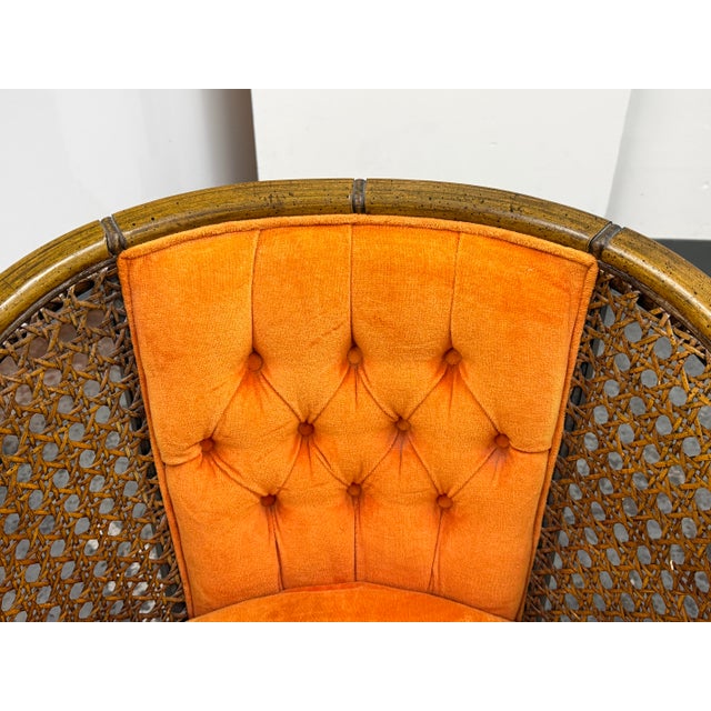 Textile Saffron Velvet Mid 20th Century Cane Barrel Chairs, Pair For Sale - Image 7 of 12