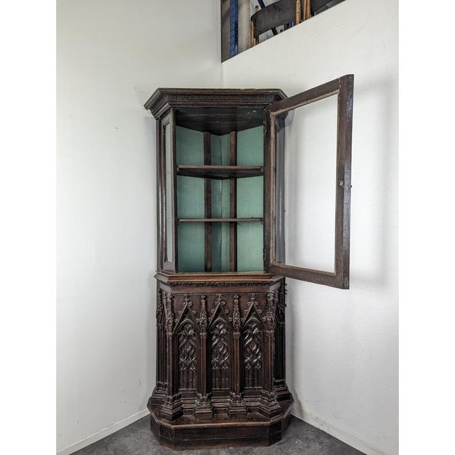 Gothic Style Corner Display Cabinet in Oak For Sale - Image 3 of 11