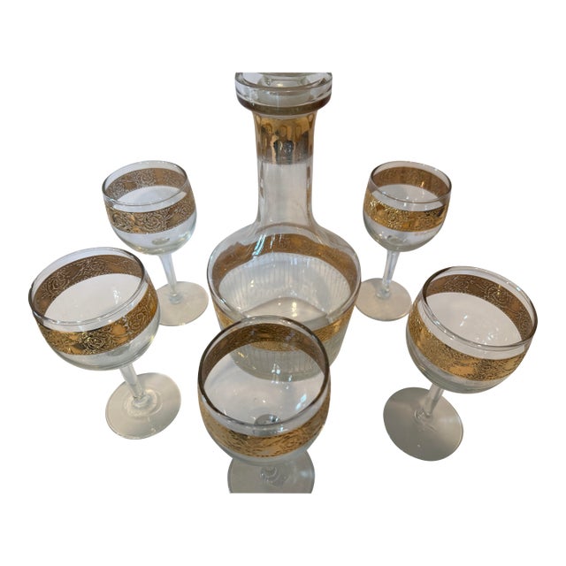 Vintage Culver Tyrol Gold Filigree Glass Decanter & 5 Stemmed Wine Glasses Set For Sale